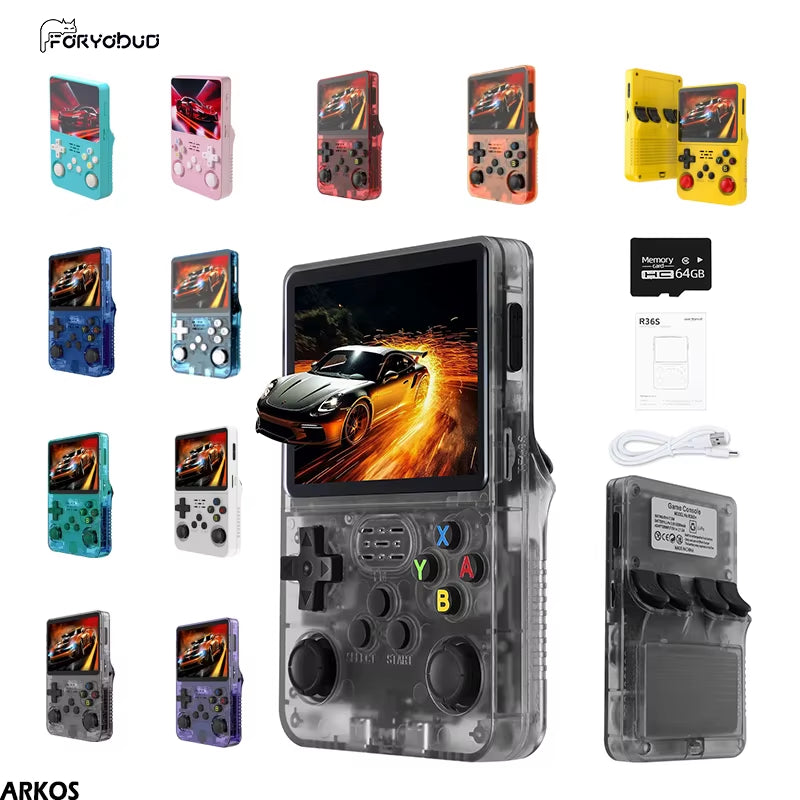 FORYOBUD R36S Retro Handheld Game Console Linux System 3.5 Inch IPS Portable Pocket Player 64GB Video Gaming Kids Gifts
