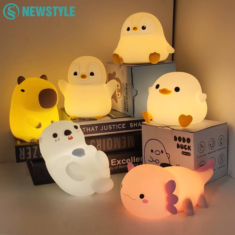 Cute Duck Capybara Night Light for Kids Animal Silicone Nursery Night Lamp Touch Control Nightlight Rechargeable beside Lamp